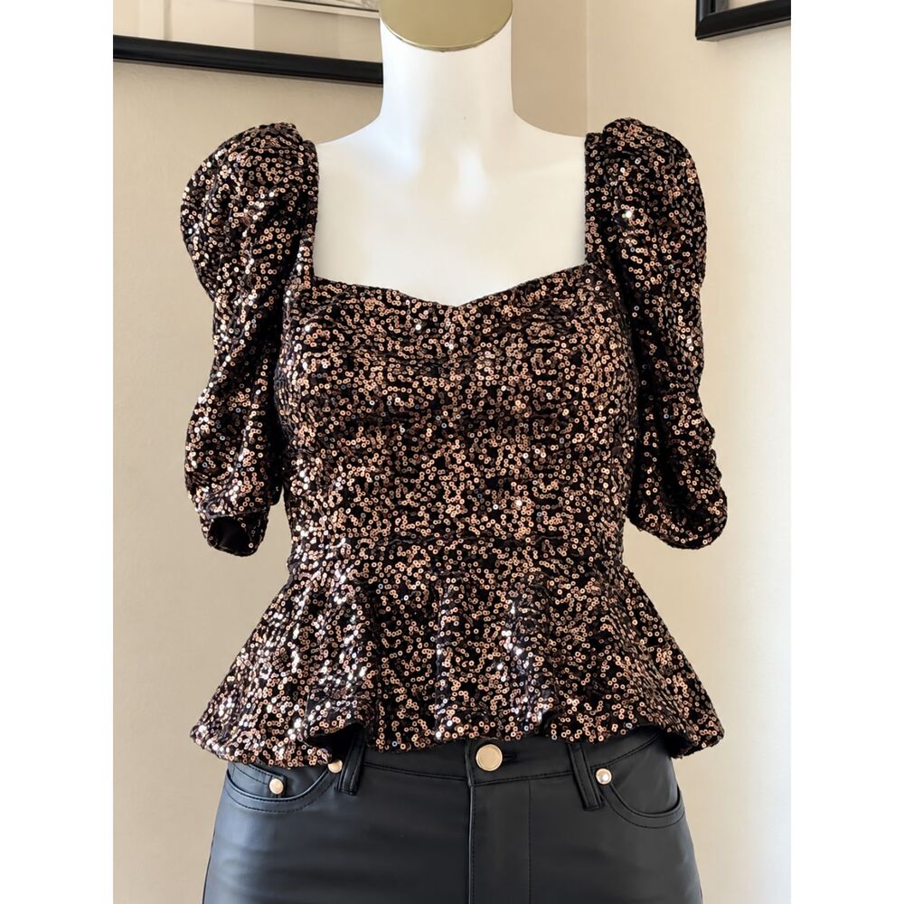 Amanda Uprichard Black Rose Gold Sequin Puff Sleeve Peplum Top S